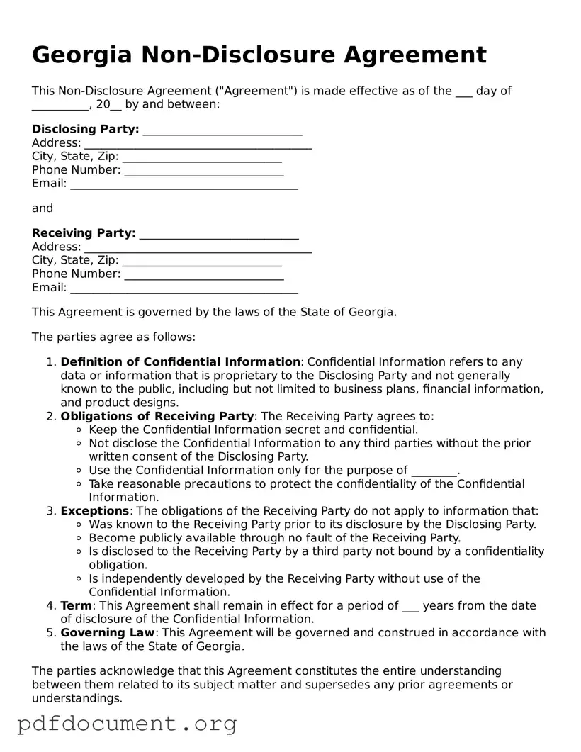 Blank Non-disclosure Agreement Form for Georgia State