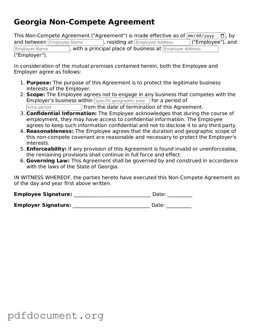 Blank Non-compete Agreement Form for Georgia State