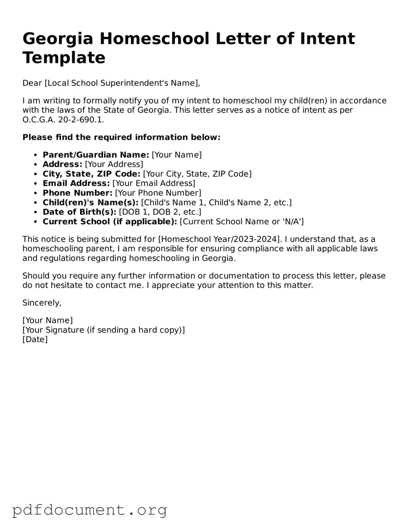 Blank Homeschool Letter of Intent Form for Georgia State