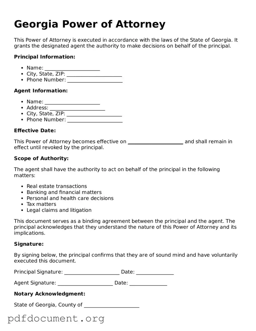 Blank Power of Attorney Form for Georgia State