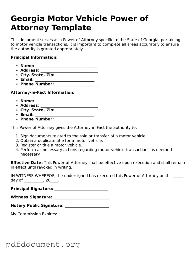 Blank Motor Vehicle Power of Attorney Form for Georgia State