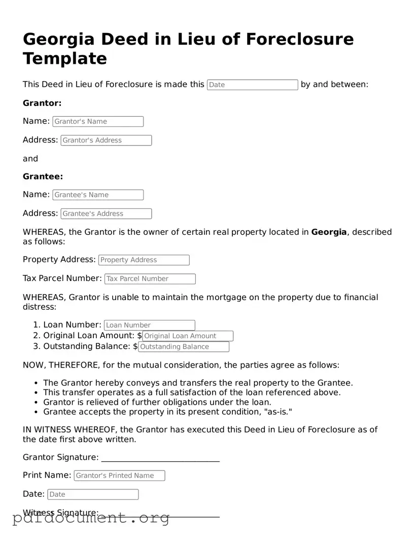 Blank Deed in Lieu of Foreclosure Form for Georgia State