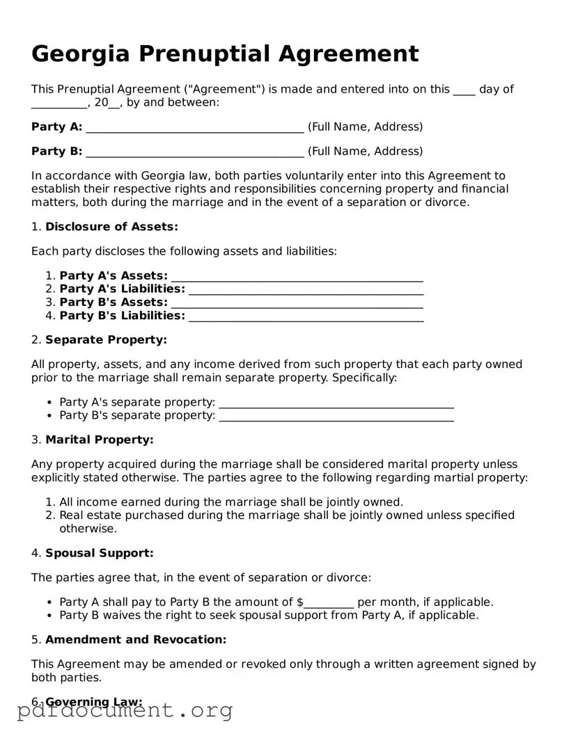 Blank Prenuptial Agreement Form for Georgia State