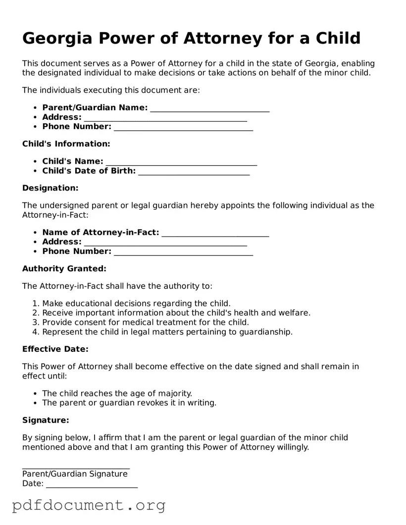 Blank Power of Attorney for a Child Form for Georgia State