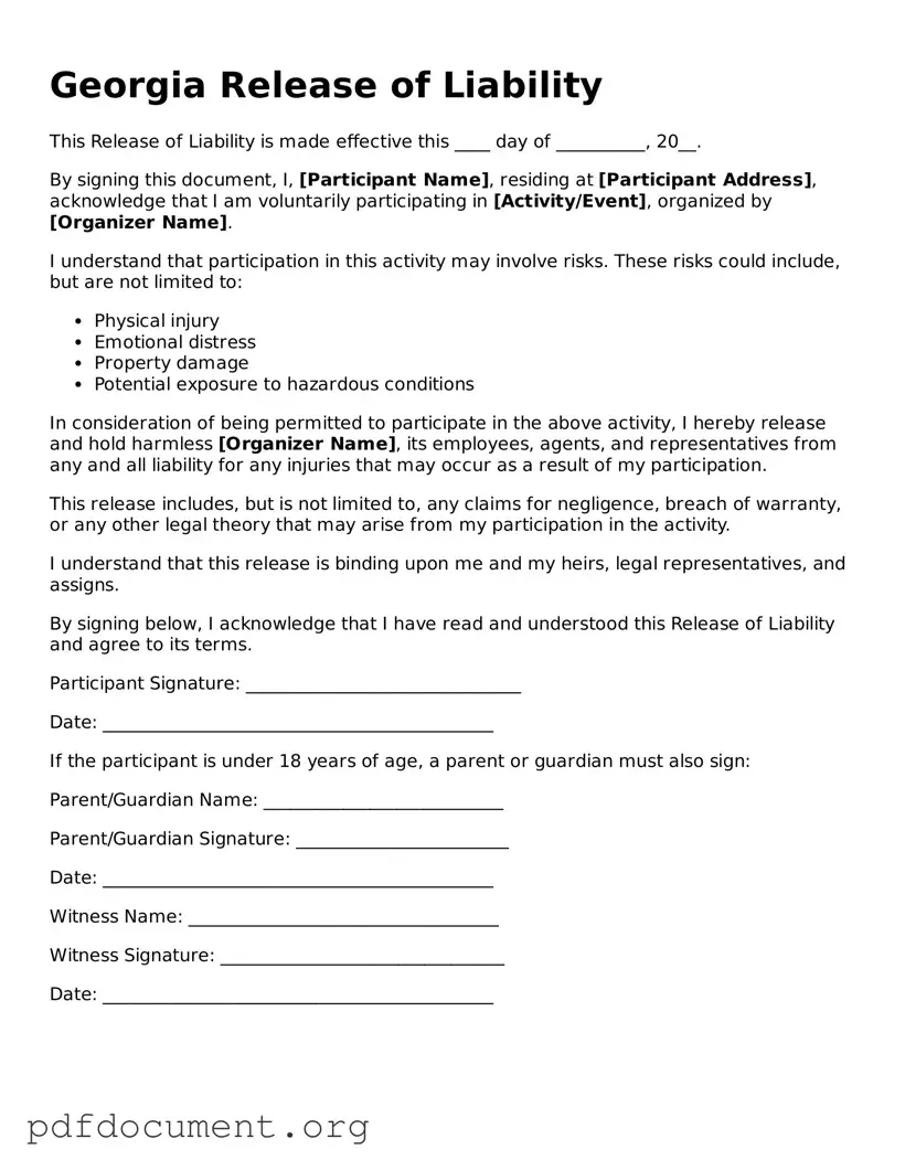 Blank Release of Liability Form for Georgia State