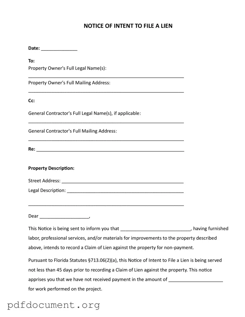 Fill Out Your Intent To Lien Florida Form