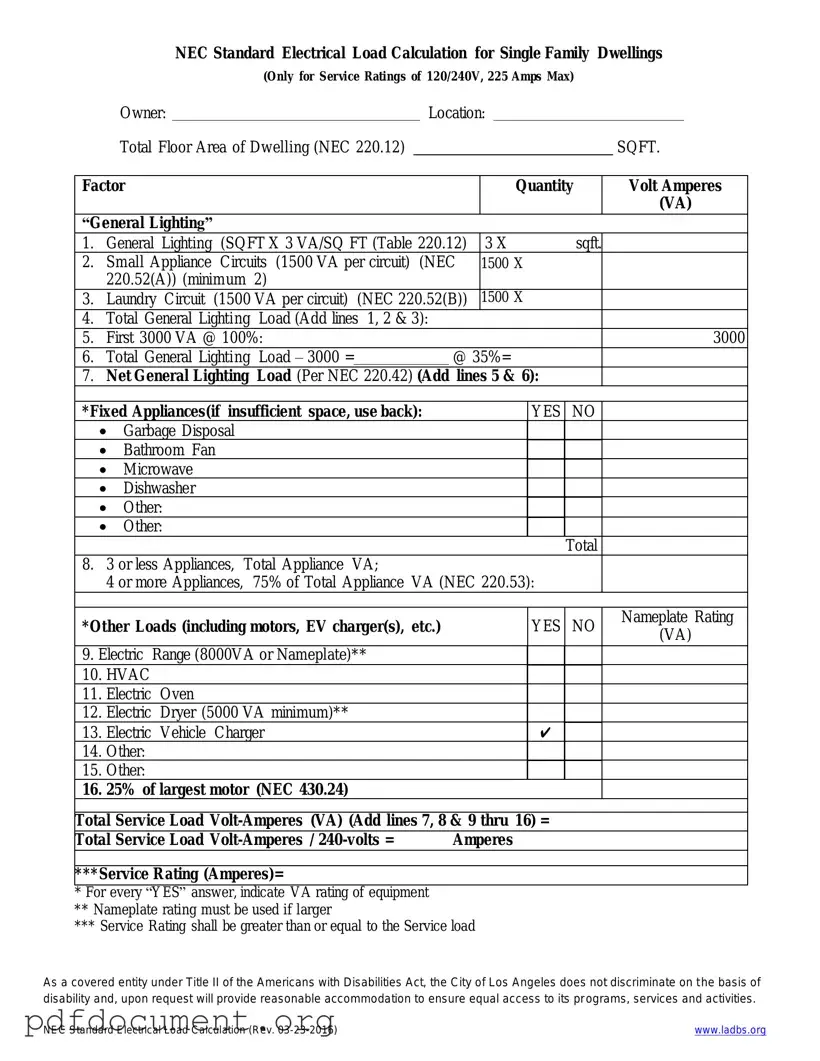Fill Out Your LADBS NEC Standard Electrical Load Calculation Form