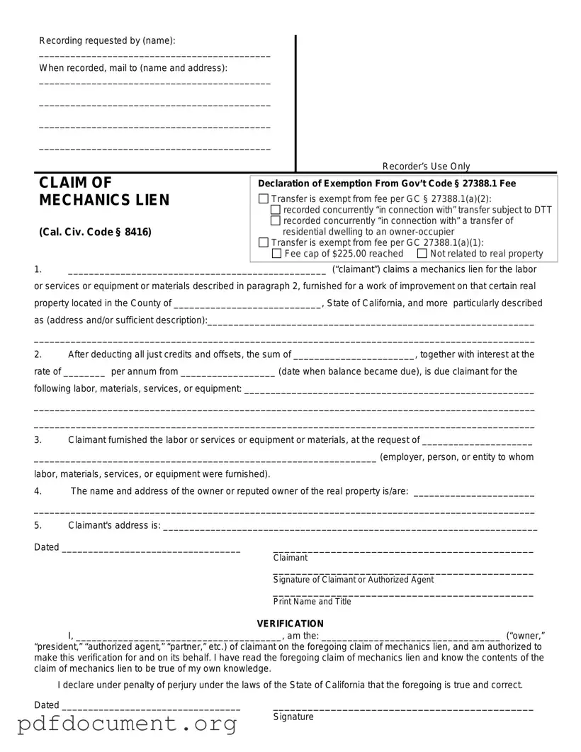 Fill Out Your Mechanics Lien California Form