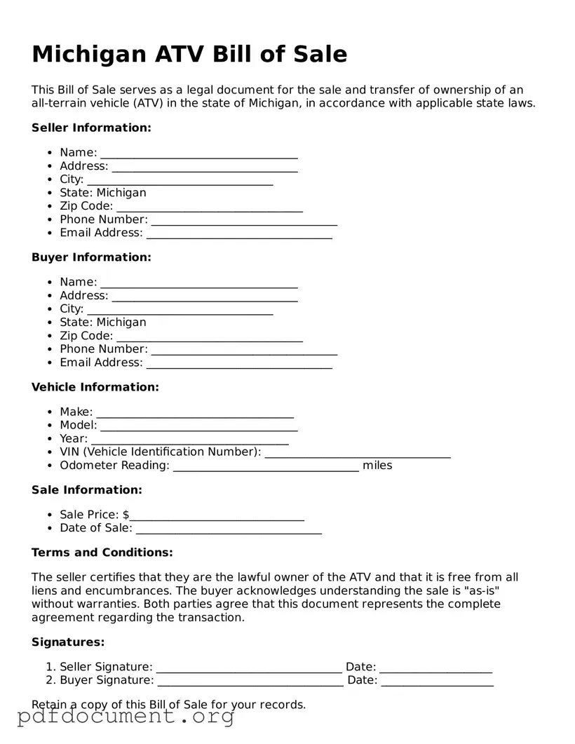 Blank ATV Bill of Sale Form for Michigan State