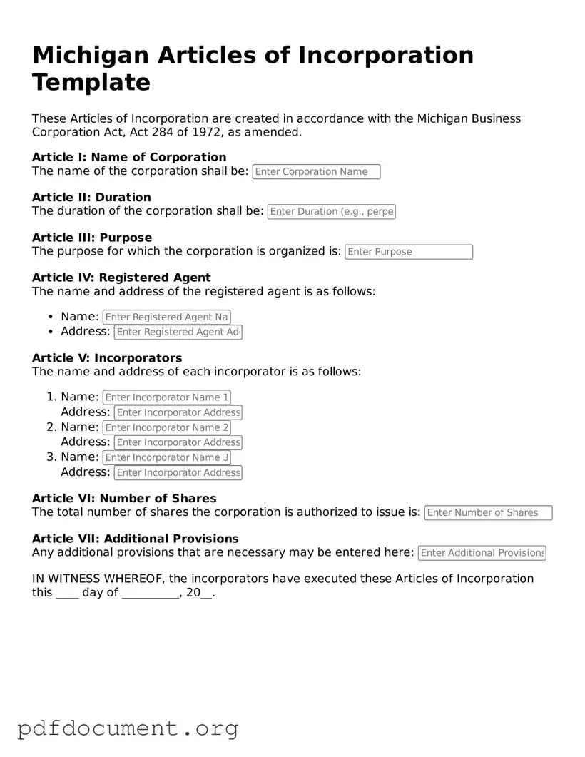 Blank Articles of Incorporation Form for Michigan State