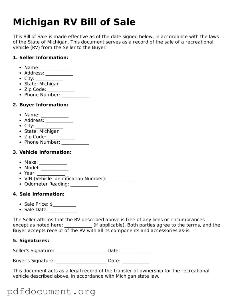 Blank RV Bill of Sale Form for Michigan State