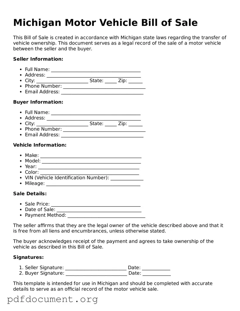 Blank Motor Vehicle Bill of Sale Form for Michigan State