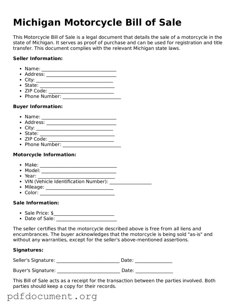 Blank Motorcycle Bill of Sale Form for Michigan State