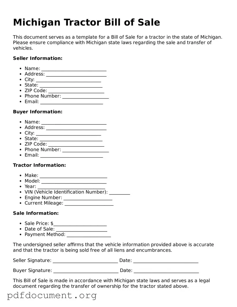 Blank Tractor Bill of Sale Form for Michigan State