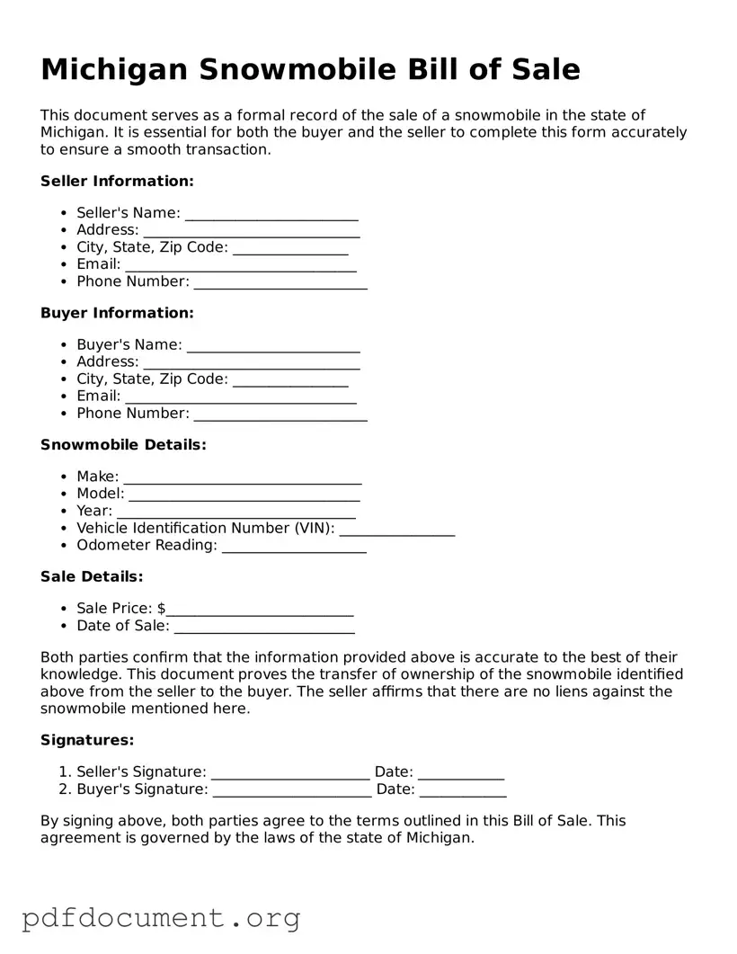 Blank Snowmobile Bill of Sale Form for Michigan State