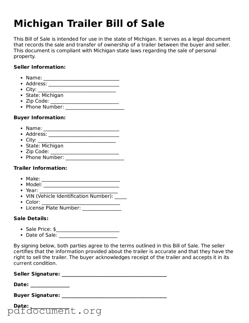 Blank Trailer Bill of Sale Form for Michigan State