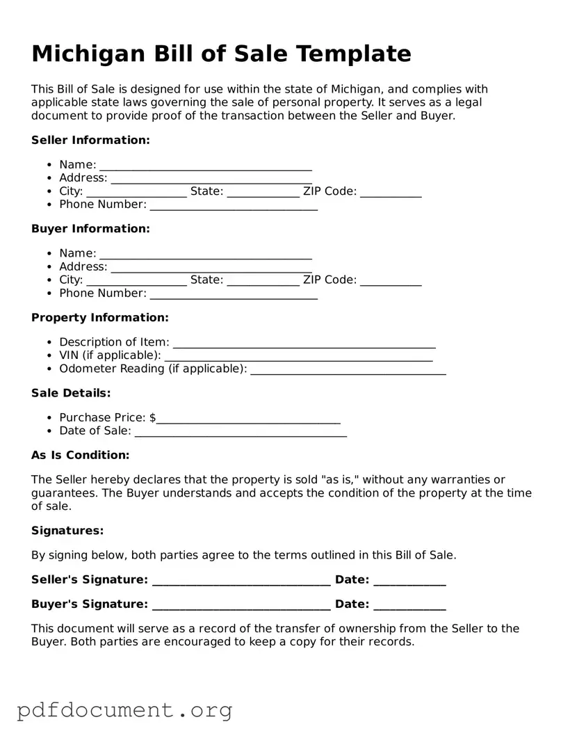 Blank Bill of Sale Form for Michigan State