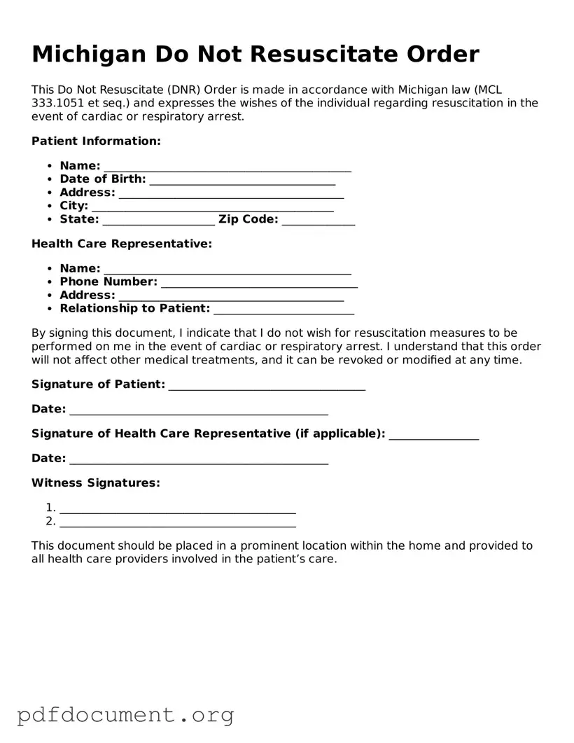 Blank Do Not Resuscitate Order Form for Michigan State