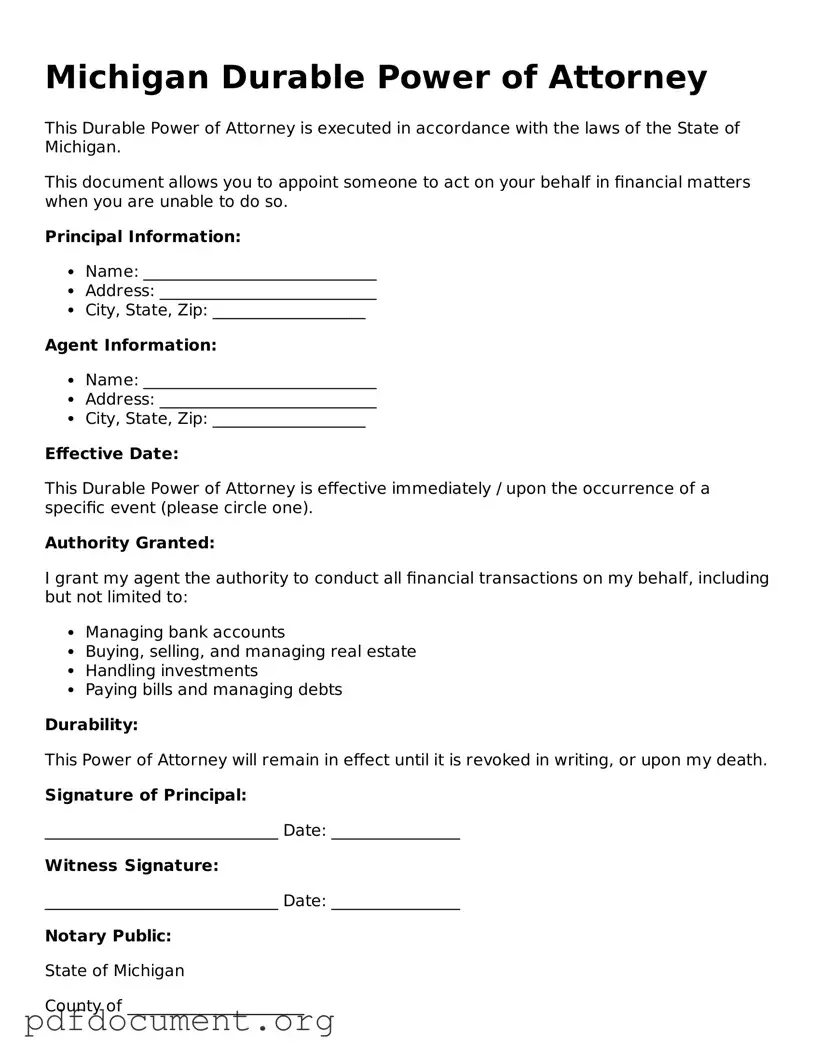 Blank Durable Power of Attorney Form for Michigan State