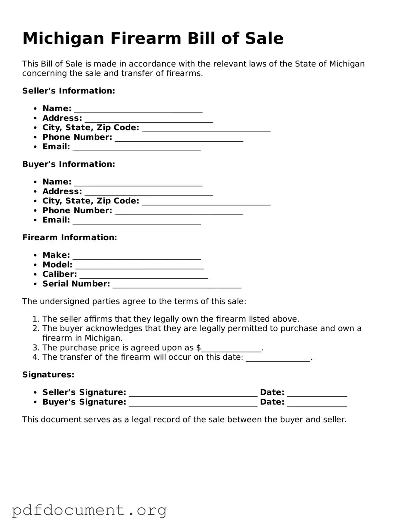 Blank Firearm Bill of Sale Form for Michigan State