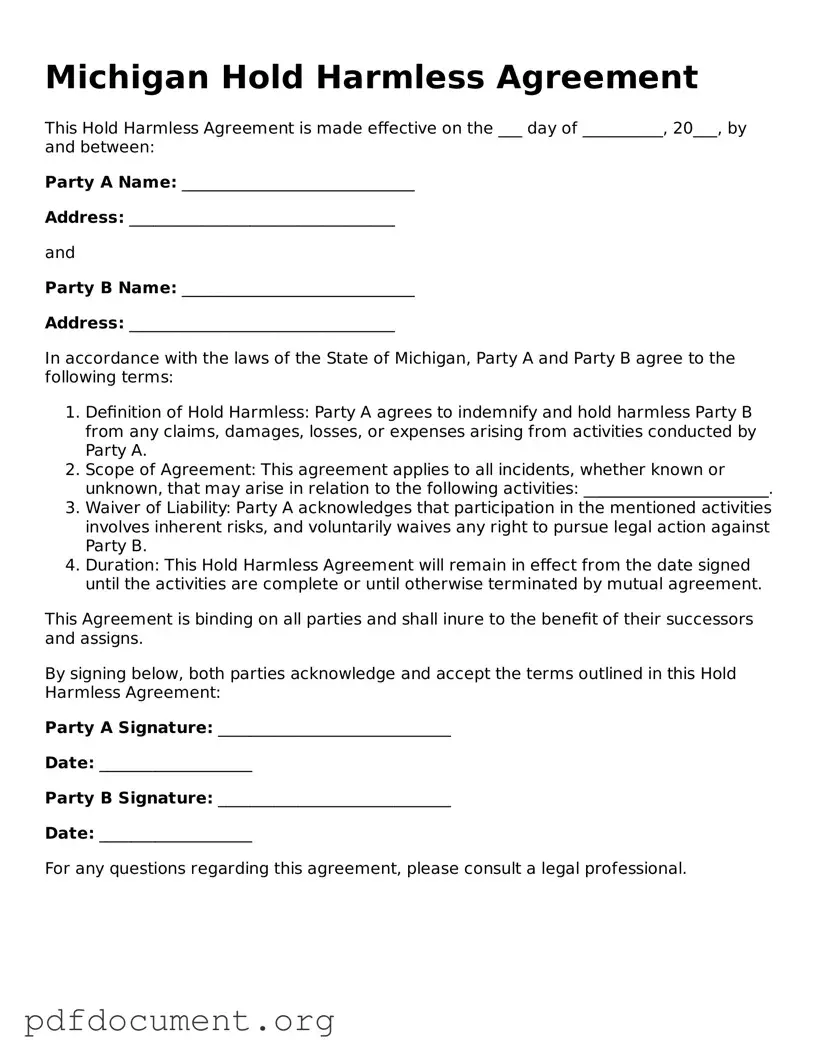 Blank Hold Harmless Agreement Form for Michigan State