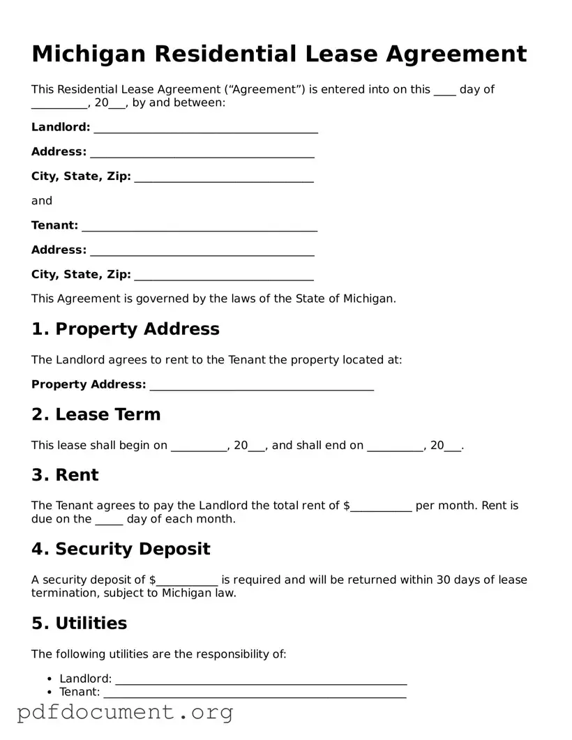 Blank Residential Lease Agreement Form for Michigan State