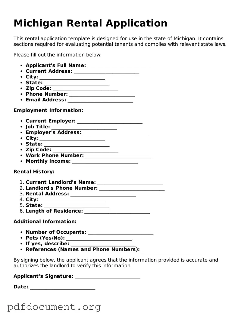 Blank Rental Application Form for Michigan State