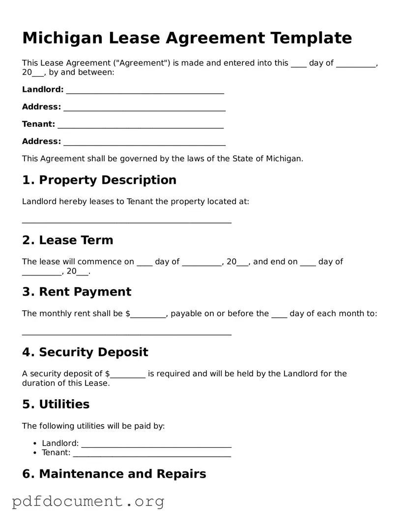 Blank Lease Agreement Form for Michigan State