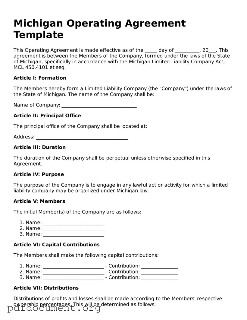Blank Operating Agreement Form for Michigan State