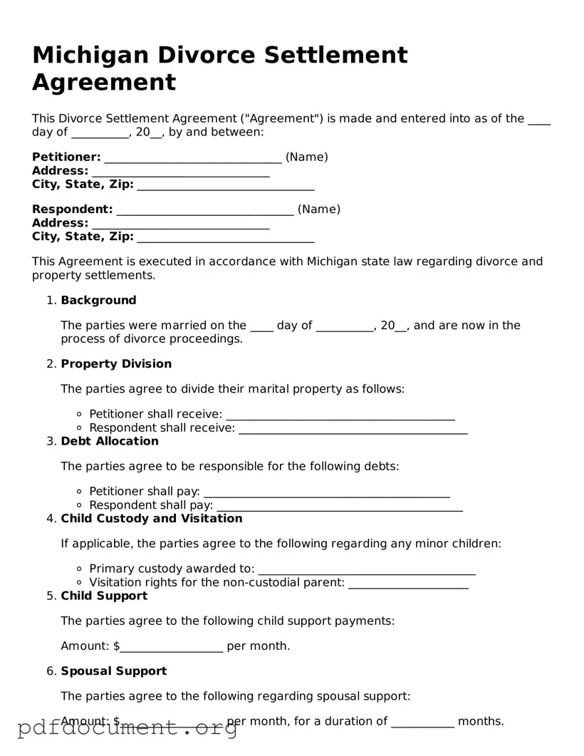 Blank Divorce Settlement Agreement Form for Michigan State