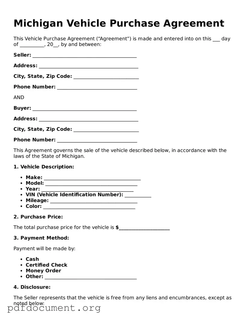 Blank Vehicle Purchase Agreement Form for Michigan State