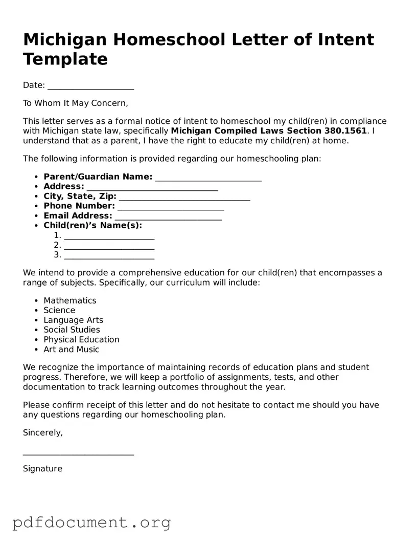 Blank Homeschool Letter of Intent Form for Michigan State