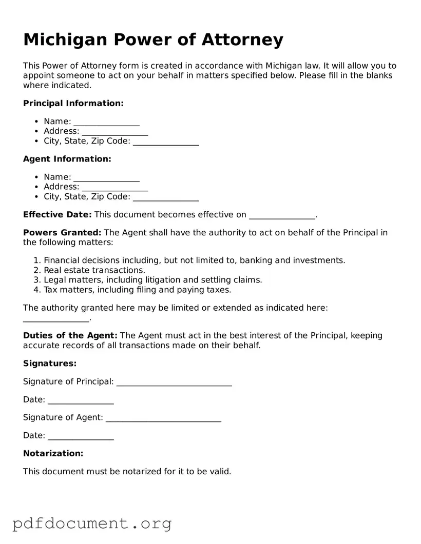 Blank Power of Attorney Form for Michigan State