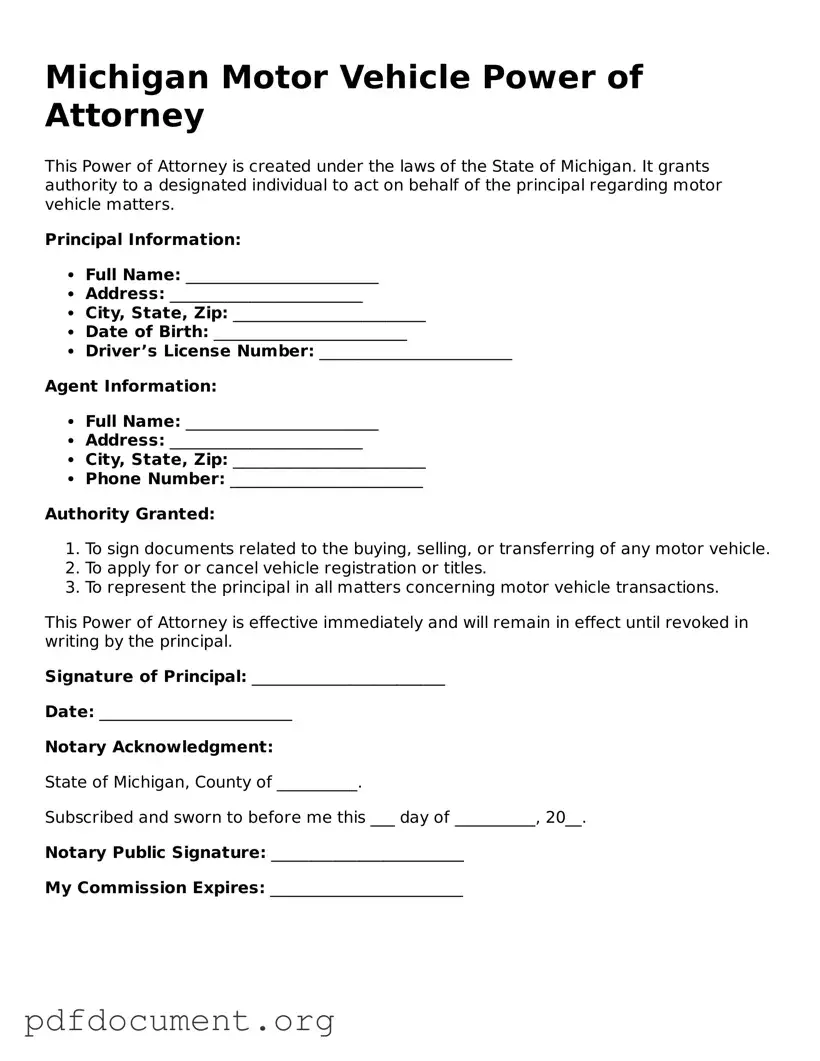 Blank Motor Vehicle Power of Attorney Form for Michigan State