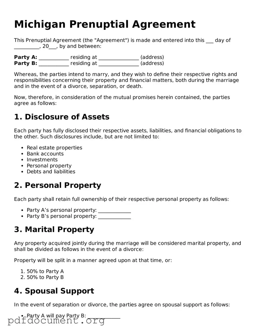Blank Prenuptial Agreement Form for Michigan State