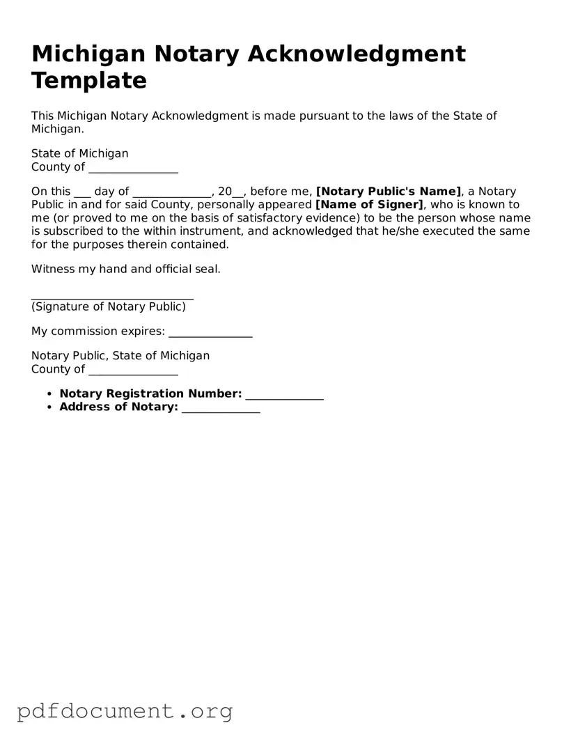 Blank Notary Acknowledgement Form for Michigan State