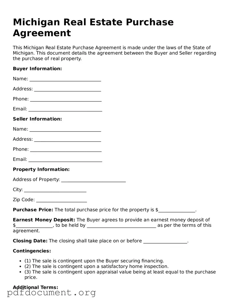 Blank Real Estate Purchase Agreement Form for Michigan State