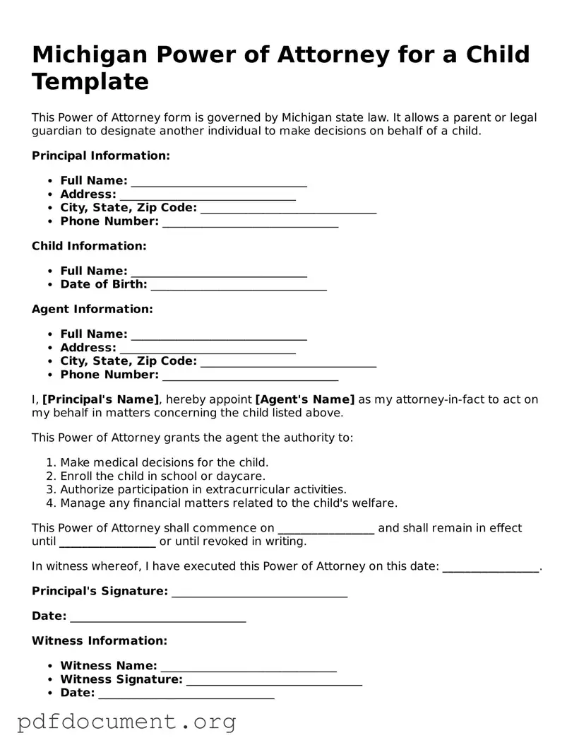 Blank Power of Attorney for a Child Form for Michigan State