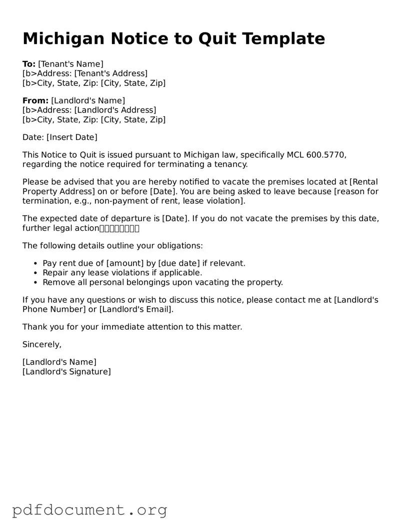 Blank Notice to Quit Form for Michigan State
