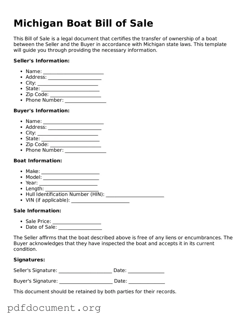 Blank Boat Bill of Sale Form for Michigan State