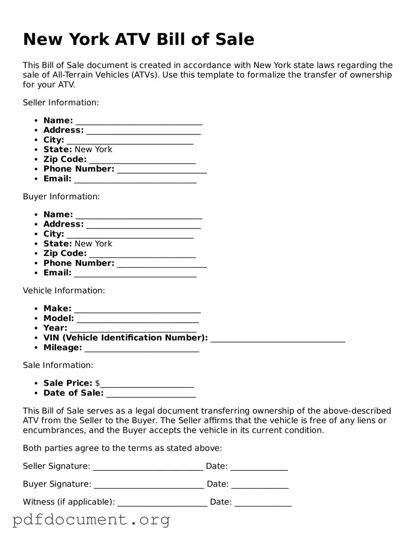 Blank ATV Bill of Sale Form for New York State