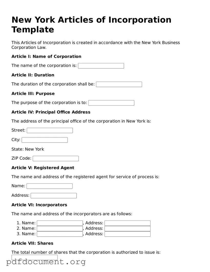 Blank Articles of Incorporation Form for New York State