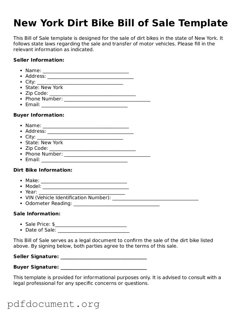 Blank Dirt Bike Bill of Sale Form for New York State