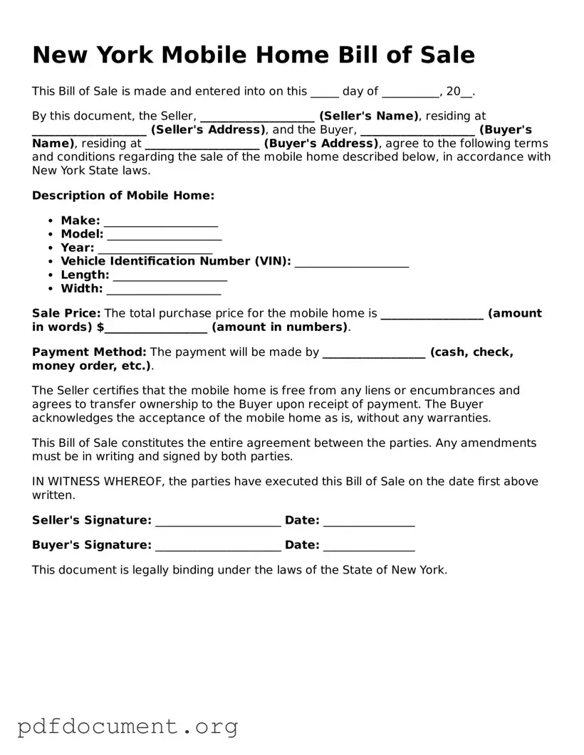 Blank Mobile Home Bill of Sale Form for New York State