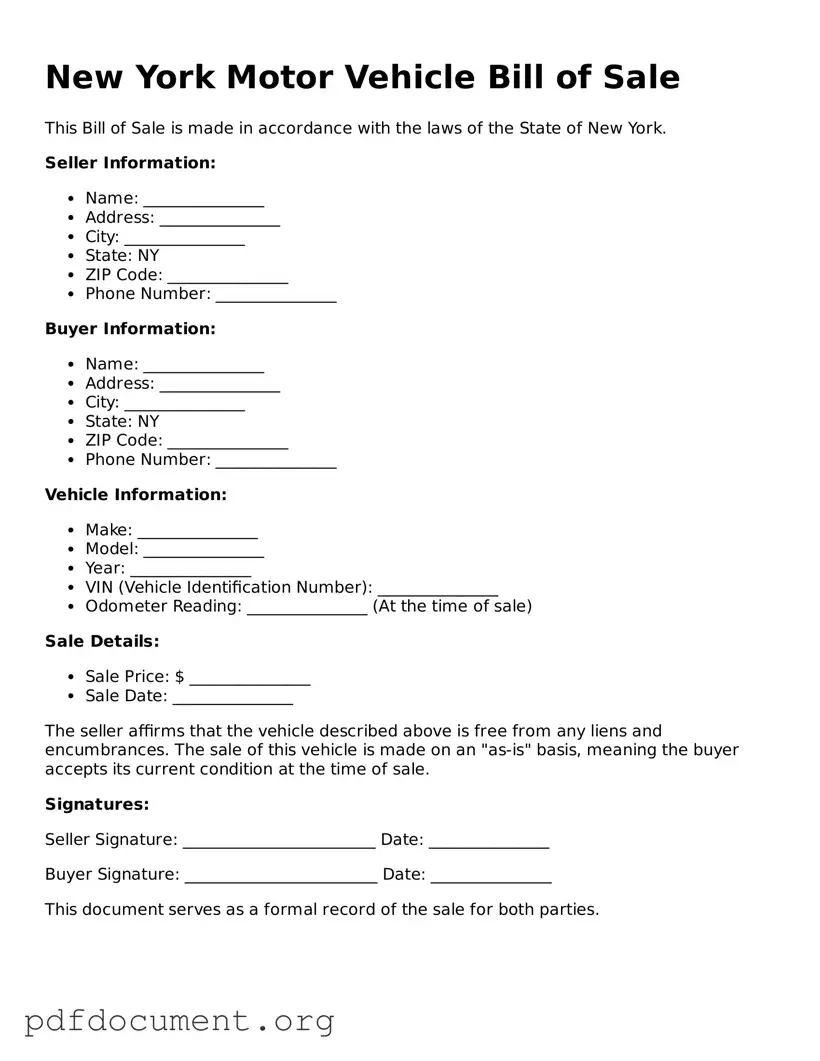 Blank Motor Vehicle Bill of Sale Form for New York State