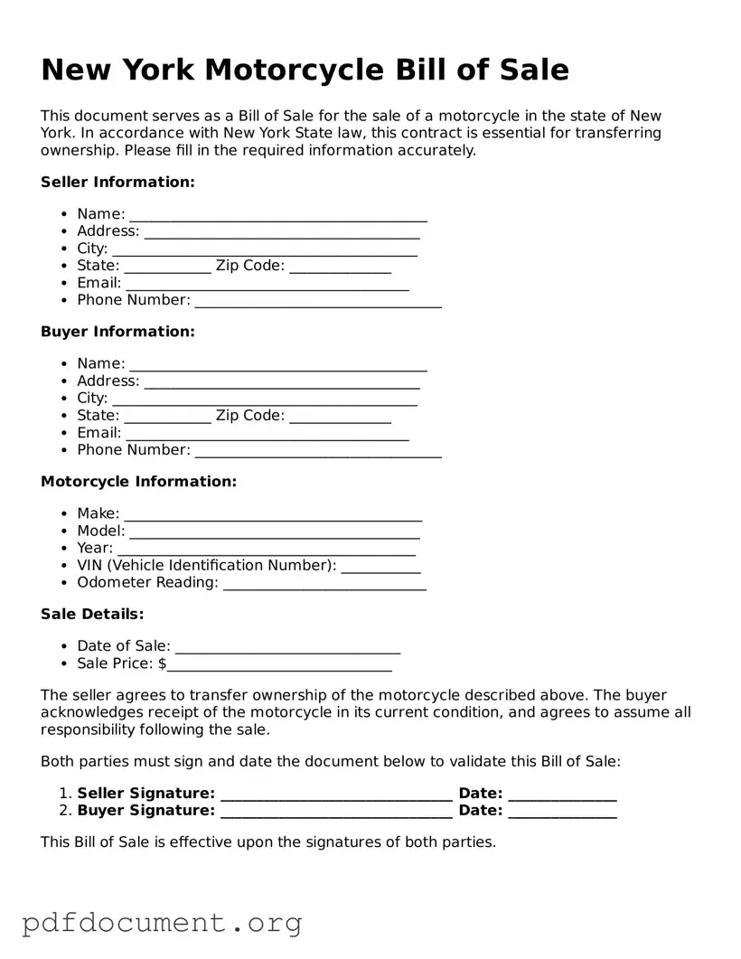 Blank Motorcycle Bill of Sale Form for New York State
