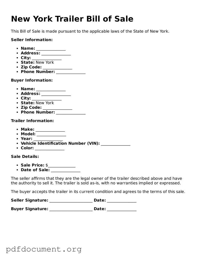 Blank Trailer Bill of Sale Form for New York State