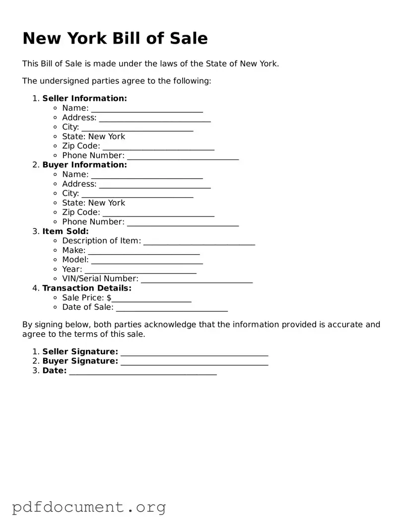 Blank Bill of Sale Form for New York State