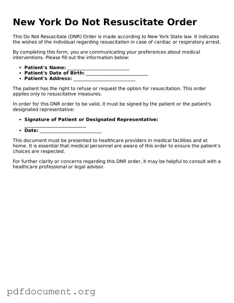 Blank Do Not Resuscitate Order Form for New York State