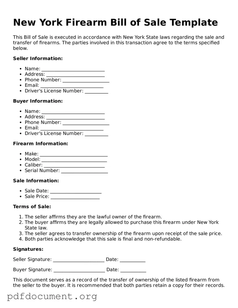 Blank Firearm Bill of Sale Form for New York State